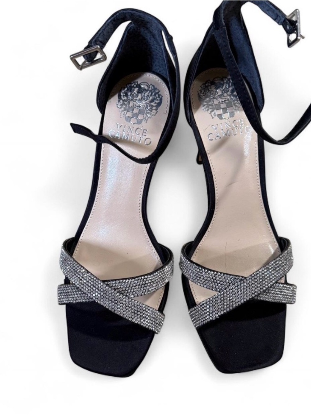 NWT Vince Camuto Black Ankle-Strap Sandals with Silver Crystal Straps